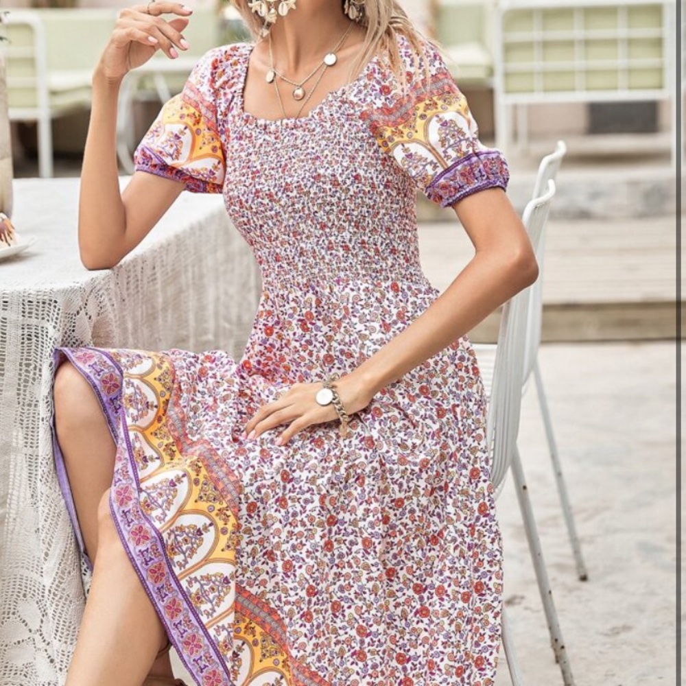 Shein Shirred Bodice Allover Florar dress sz L
